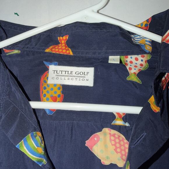 Vintage Tuttle Golf Mens Size Large Short Sleeve Camp Shirt Blue Tropical Fish - Picture 3 of 6